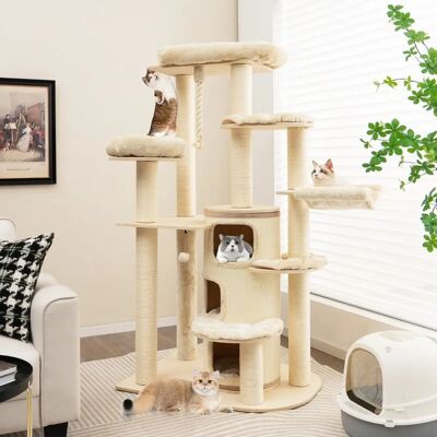 Costway - 173 cm Cat Tree - Beige - 3-Level - Cat Tree Costway - 173 cm Cat Tree - Beige - 3-Level - Cat Tree