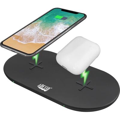 Adesso Wireless Charger - 15W Dual Coils, Black - Wireless Charging Station Adesso Wireless Charger - 15W Dual Coils, Black - Wireless Charging Station