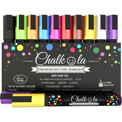 Canetas de giz Chalkola - Kit com 10 cores neon - Para quadro branco, quadro de giz, janela - Ponta reversível 6mm Canetas de giz Chalkola - Kit com 10 cores neon - Para quadro branco, quadro de giz, janela - Ponta reversível 6mm