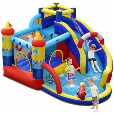 Castillo Hinchable Forma de Barco de COSTWAY con Tobogán Curvo - Castillo Inflable Castillo Hinchable Forma de Barco de COSTWAY con Tobogán Curvo - Castillo Inflable