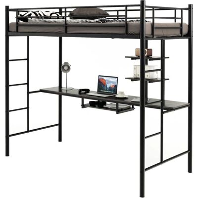 Cama Alta Costway con Escritorio y Estantes - Acero, Negro, 95x200cm Cama Alta Costway con Escritorio y Estantes - Acero, Negro, 95x200cm