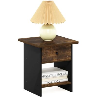 Table de Nuit Furinno Dario - Étagère de rangement avec boîte, Pin d'ambre/noir Table de Nuit Furinno Dario - Étagère de rangement avec boîte, Pin d'ambre/noir