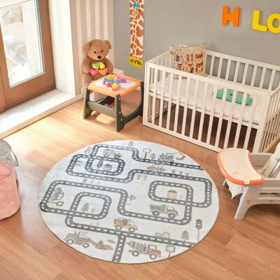 Beige Round Childrens Carpet - VROOMVILLE - Indoor Beige Round Childrens Carpet - VROOMVILLE - Indoor