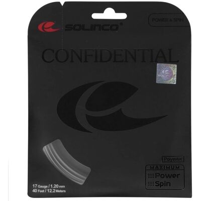 Solinco Confidential 12m - Corde de tennis - Gris - Contrôle et rotation - Publicité Solinco Confidential 12m - Corde de tennis - Gris - Contrôle et rotation - Publicité