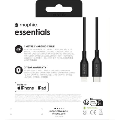 Câble de charge Lightning vers USB-C Mophie Essentials - 1M - Noir - Publicité Câble de charge Lightning vers USB-C Mophie Essentials - 1M - Noir - Publicité