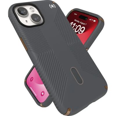 Funda Speck Presidio2 Grip ClickLock & MagSafe para iPhone 15/14/13 - Gris Carbón/Bronce Frío Funda Speck Presidio2 Grip ClickLock & MagSafe para iPhone 15/14/13 - Gris Carbón/Bronce Frío