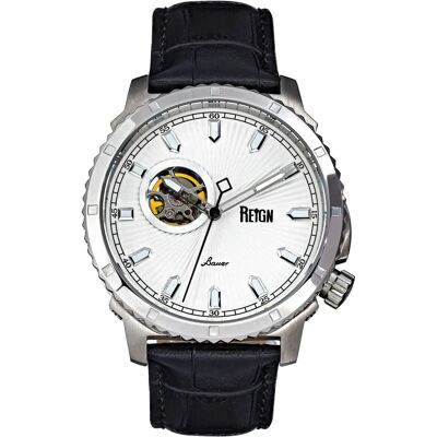 Reign Bauer Wit Semi-Skeleton Horloge - Heren Lederen Band Reign Bauer Wit Semi-Skeleton Horloge - Heren Lederen Band