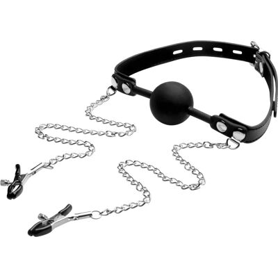 XR Brands Fekete szilikon labda gag és mellbimbócsipesz XR Brands Fekete szilikon labda gag és mellbimbócsipesz
