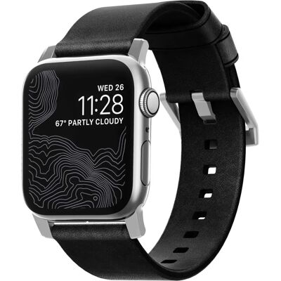 Nomad Leder Smartwatch-Armband - Schwarz/Silber Hardware - Für Apple Watch 44mm Series 4-6 Nomad Leder Smartwatch-Armband - Schwarz/Silber Hardware - Für Apple Watch 44mm Series 4-6