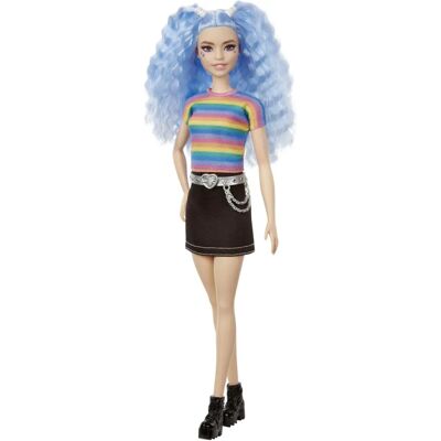 Lalka Barbie z Fioletowymi Włosami i Tęczową Górą W Dżinsowej Spódnicy Lalka Barbie z Fioletowymi Włosami i Tęczową Górą W Dżinsowej Spódnicy