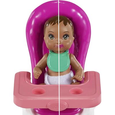 Zestaw do zabawy z bobasem Barbie od Mattel - Opiekunka, Wysoki fotel i akcesoria Zestaw do zabawy z bobasem Barbie od Mattel - Opiekunka, Wysoki fotel i akcesoria