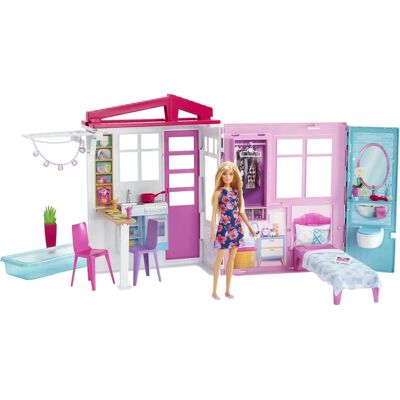 Domek dla lalek Barbie GWY84 - Przenośny zestaw z basenem Domek dla lalek Barbie GWY84 - Przenośny zestaw z basenem