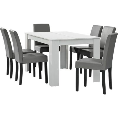 Mesa de comedor blanca mate con 6 sillas grises acolchadas - 140x90 cm MOBIKASA Mesa de comedor blanca mate con 6 sillas grises acolchadas - 140x90 cm MOBIKASA
