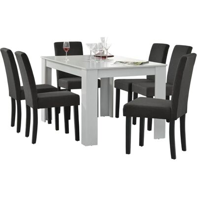MOBIKASA Mesa de comedor blanca mate con 6 sillas gris oscuro - Mesa de comedor MOBIKASA Mesa de comedor blanca mate con 6 sillas gris oscuro - Mesa de comedor
