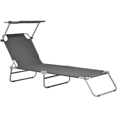 Helloshop26 - Tumbona de poliéster con parasol ajustable gris oscuro Helloshop26 - Tumbona de poliéster con parasol ajustable gris oscuro