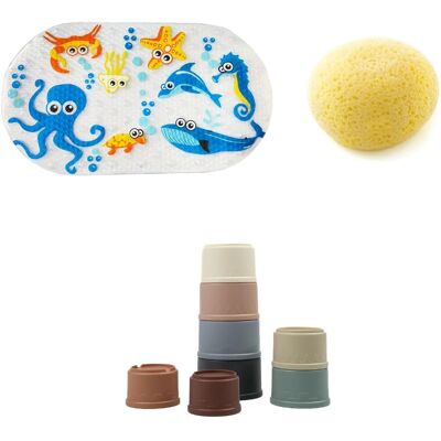 Kit de bain bébé - Antidérapant, Éponge douce, Jouets empilables - Publicité Kit de bain bébé - Antidérapant, Éponge douce, Jouets empilables - Publicité