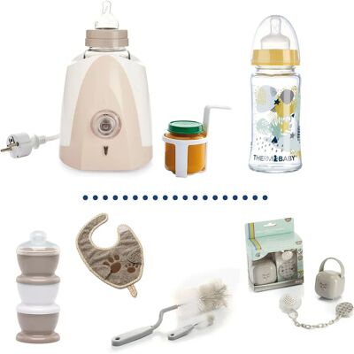 Podgrzewacz do butelek Thermobaby - Podgrzewacz do butelek, butelka szklana, szczoteczka, dozownik mleka, śliniak i pudełko na smoczki Podgrzewacz do butelek Thermobaby - Podgrzewacz do butelek, butelka szklana, szczoteczka, dozownik mleka, śliniak i pudełko na smoczki