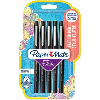 Stylo en feutre noir Paper Mate - Pointe moyenne, Pack de 5 - Publicité Stylo en feutre noir Paper Mate - Pointe moyenne, Pack de 5 - Publicité