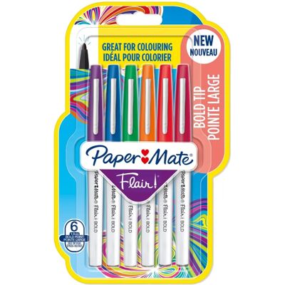 Stylos Paper Mate - Pointe en fibre moyenne - Couleurs variées - Pack de 6 - Publicité Stylos Paper Mate - Pointe en fibre moyenne - Couleurs variées - Pack de 6 - Publicité