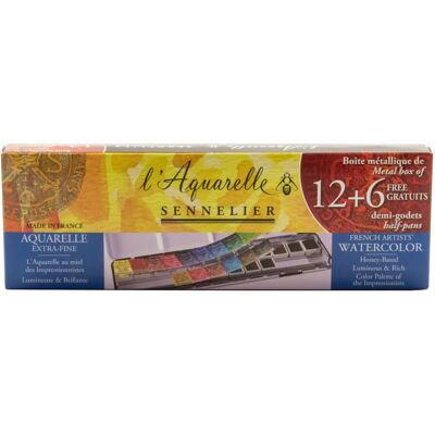 Ensemble d'aquarelle Sennelier - 18 demi-pastilles, boîte métallique - Publicité Ensemble d'aquarelle Sennelier - 18 demi-pastilles, boîte métallique - Publicité