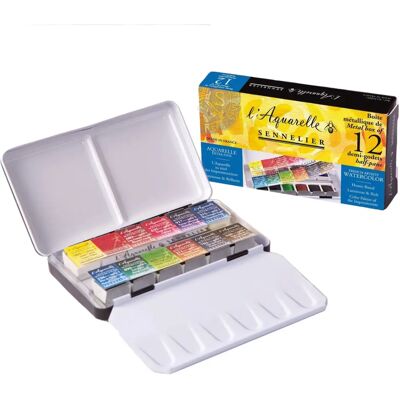 Ensemble de Peintures Aquarelle Sennelier - 12 Demi-Pans - Couleurs Mélangées - France Ensemble de Peintures Aquarelle Sennelier - 12 Demi-Pans - Couleurs Mélangées - France