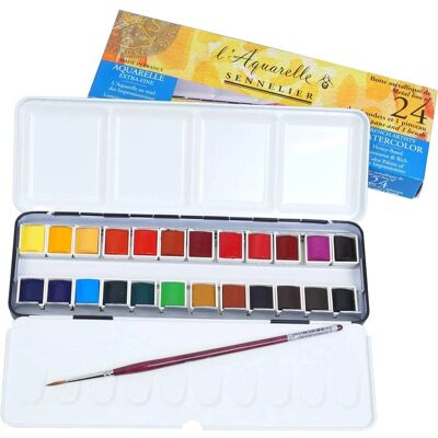 Boîte métallique d'aquarelle Sennelier l'Aquarelle de 24 demi-pans - Set de croquis gratuit - Publicité Boîte métallique d'aquarelle Sennelier l'Aquarelle de 24 demi-pans - Set de croquis gratuit - Publicité