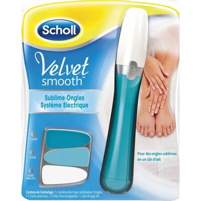 Scholl Velvet Smooth - Système électrique pour ongles - Bleu et blanc - Publicité Scholl Velvet Smooth - Système électrique pour ongles - Bleu et blanc - Publicité