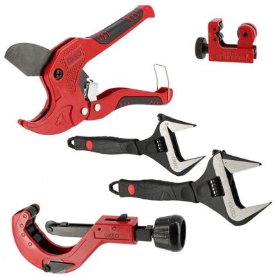 Oxeo - Kit Plombier 5 Outils - Coupe Tube PVC - 2 Clés À Molette Ouverture Large - Tool Kit - Publicité Oxeo - Kit Plombier 5 Outils - Coupe Tube PVC - 2 Clés À Molette Ouverture Large - Tool Kit - Publicité