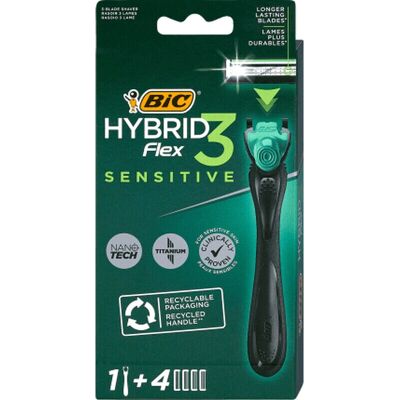 BIC Flex3 Hybrid Sensitive Rakhyvel - Känslig hud, 4 blad, återvinningsbart handtag BIC Flex3 Hybrid Sensitive Rakhyvel - Känslig hud, 4 blad, återvinningsbart handtag
