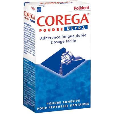 Polident Corega Poudre Adhésive pour Prothèses - 40g - Publicité Polident Corega Poudre Adhésive pour Prothèses - 40g - Publicité