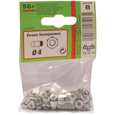 Écrou hexagonal galvanisé VYNEX - 4mm - 56 pièces Écrou hexagonal galvanisé VYNEX - 4mm - 56 pièces