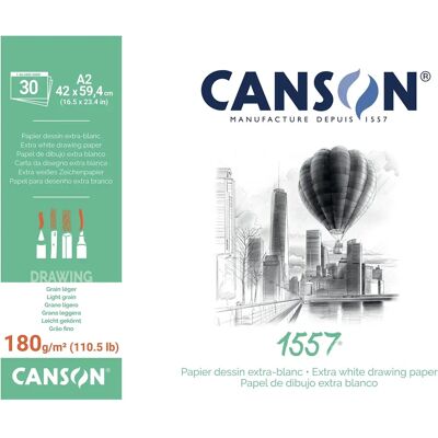 Canson 1557 - Bloc A2 con 30 hojas de papel de dibujo de 180gsm Canson 1557 - Bloc A2 con 30 hojas de papel de dibujo de 180gsm