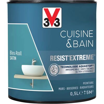 V33 Peinture Cuisine & Bain 'Resist'Extreme' Bleu Atoll Satin 0,5 L - Peinture - Publicité V33 Peinture Cuisine & Bain 'Resist'Extreme' Bleu Atoll Satin 0,5 L - Peinture - Publicité