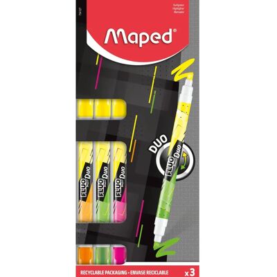 Surligneurs Bicolores Fluo Maped - Pointe biseautée, 1-5mm, Pack de 3 - Publicité Surligneurs Bicolores Fluo Maped - Pointe biseautée, 1-5mm, Pack de 3 - Publicité