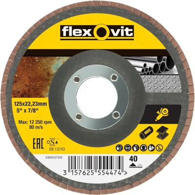 Flexovit 63642527528 Flap Disc for Angle Grinders - 125mm Coarse Grit 40 Flexovit 63642527528 Flap Disc for Angle Grinders - 125mm Coarse Grit 40