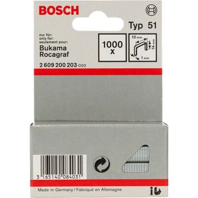Bosch Zubehör Typ 51 Flachdrahtklammer - 1 x 14 x 10 mm - 1000er-Pack - 2609200203 (1.000 Stück) - Klammern Bosch Zubehör Typ 51 Flachdrahtklammer - 1 x 14 x 10 mm - 1000er-Pack - 2609200203 (1.000 Stück) - Klammern