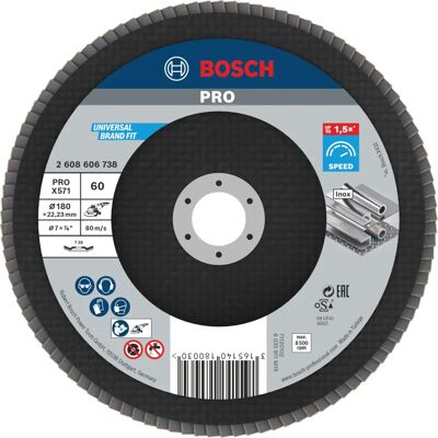 Bosch X571 Flap Disc - Metal, 180mm, G60, Angle/ Straight/ Fiber/ Plastic Bosch X571 Flap Disc - Metal, 180mm, G60, Angle/ Straight/ Fiber/ Plastic