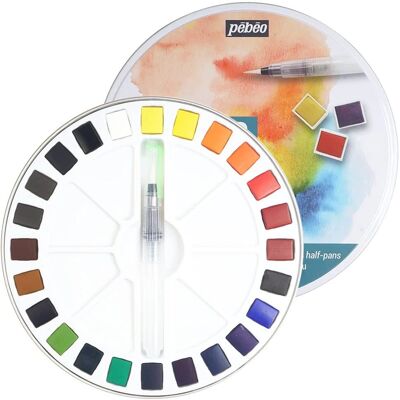 Pébéo Aquarellfarben-Set mit 24 Halbpans und Wasserpinsel Pébéo Aquarellfarben-Set mit 24 Halbpans und Wasserpinsel