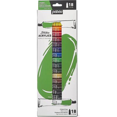 Pebeo - Box Med 18 Akrylfärgsrör 12ml Blandade Färger Pebeo - Box Med 18 Akrylfärgsrör 12ml Blandade Färger