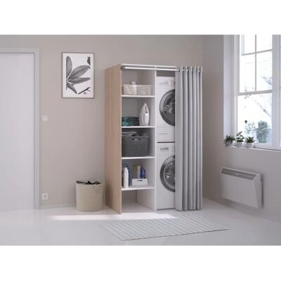 Meuble de buanderie Vente-unique avec rideau coulissant - Naturel clair - L111 x 184 cm - Jazano - Publicité Meuble de buanderie Vente-unique avec rideau coulissant - Naturel clair - L111 x 184 cm - Jazano - Publicité