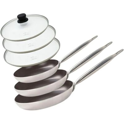 Set de 3 Poêles en Céramique sans PFAS avec Couvercles en Verre - Batterie de Cuisine Set de 3 Poêles en Céramique sans PFAS avec Couvercles en Verre - Batterie de Cuisine
