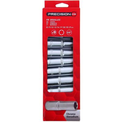 Juego de 9 vasos hexagonales largos Precision Steel 10-21mm 1/2" Juego de 9 vasos hexagonales largos Precision Steel 10-21mm 1/2"