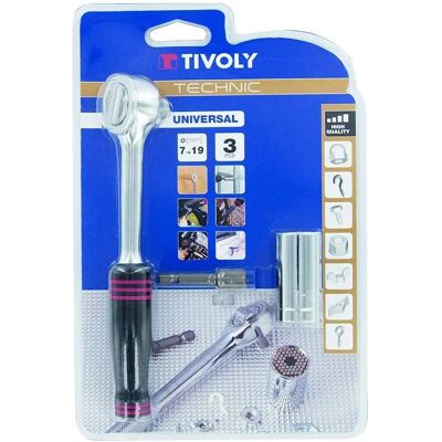 Juego de vasos universales Tivoly - 7-19mm, Llave de trinquete, Portavasos 1/4" Juego de vasos universales Tivoly - 7-19mm, Llave de trinquete, Portavasos 1/4"