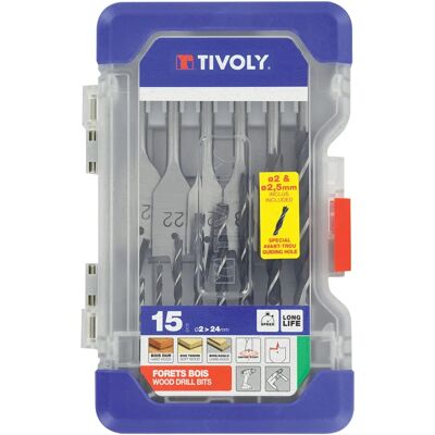 Tivoly Wood Drill Set - 15 Pieces with Point and Flat Bits Tivoly Wood Drill Set - 15 Pieces with Point and Flat Bits