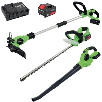 Oxeo - 18V - Taille-haie - Taille-bordure/Souffleur - Ensemble d'outils de jardin - Publicité Oxeo - 18V - Taille-haie - Taille-bordure/Souffleur - Ensemble d'outils de jardin - Publicité