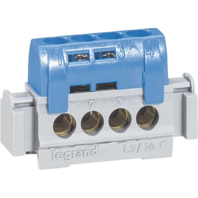 Bornier neutre bleu Legrand 004840 pour rail DIN, 4 connexions - Publicité Bornier neutre bleu Legrand 004840 pour rail DIN, 4 connexions - Publicité