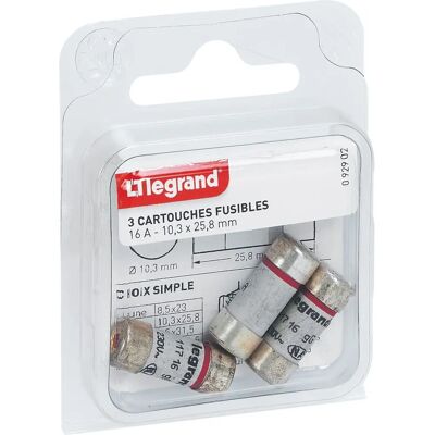 Cartouche fusible Legrand 16A - Avec voyant lumineux - Pack de 3 - Publicité Cartouche fusible Legrand 16A - Avec voyant lumineux - Pack de 3 - Publicité