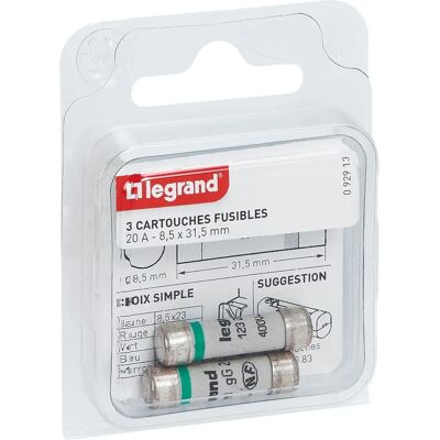 Cartouche Fusible Legrand - 20A, 8,5x31mm - Pack de 3 - Publicité Cartouche Fusible Legrand - 20A, 8,5x31mm - Pack de 3 - Publicité
