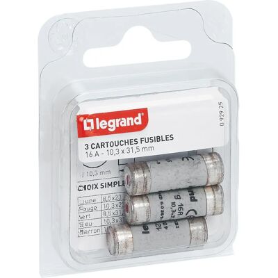Legrand 092925 Cartucho de fusible - 16A - Longitud 31,5mm - Diámetro 10,3mm - Pack de 3 - Accesorio para tablero eléctrico Legrand 092925 Cartucho de fusible - 16A - Longitud 31,5mm - Diámetro 10,3mm - Pack de 3 - Accesorio para tablero eléctrico