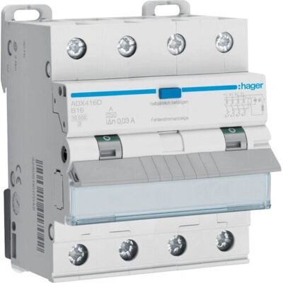 Hager ADX416D FI/LS-Schalter 4-polig 16A - 400V Hager ADX416D FI/LS-Schalter 4-polig 16A - 400V